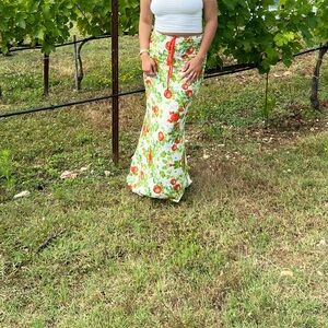 Princess Polly Cream Maxi Skirt with Green & Red Floral Print